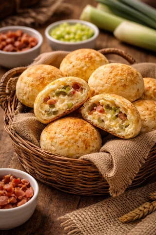 Pão de queijo recheado - Alho poró com bacon